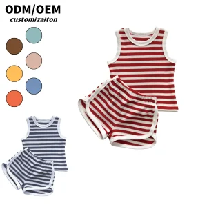Hot Sale Premium Summer Baby Clothing Sets High-End Casual Striped Short for Kids Simple Sporty Waffle Suit 2pcs Set