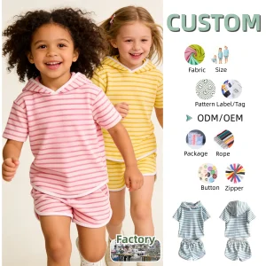 Soft Short Sleeve Striped Towel Fabric Short Set Sports T-Shirt and Shorts Set for Children Baby Summer Two-Piece Outfit