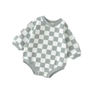 Ready to Ship Baby Long Sleeve Sweatshirt Romper Neutral French Terry Checkerboard Bubble Romper