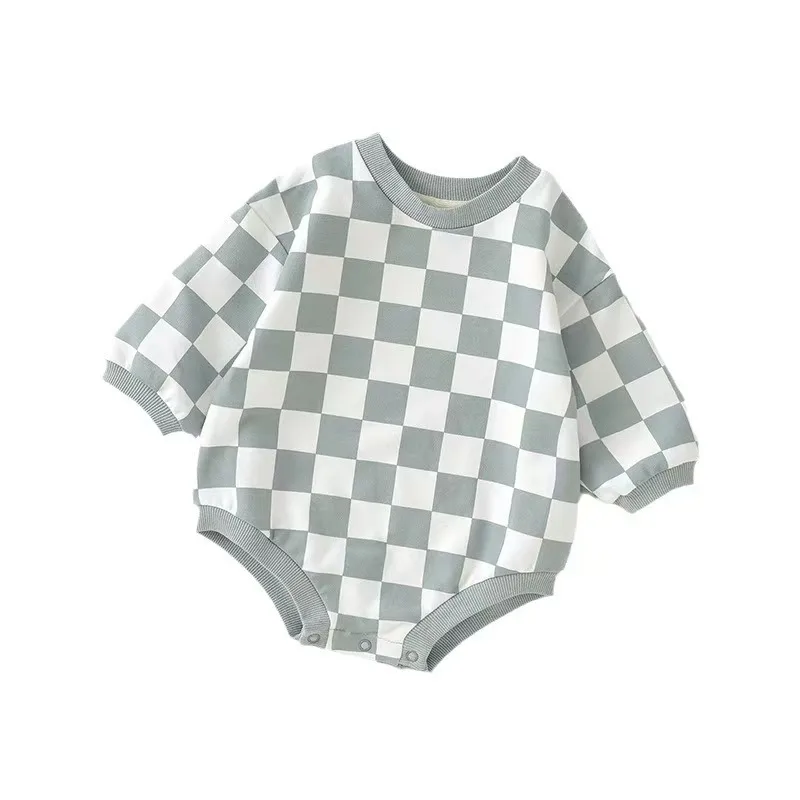 Ready to Ship Baby Long Sleeve Sweatshirt Romper Neutral French Terry Checkerboard Bubble Romper