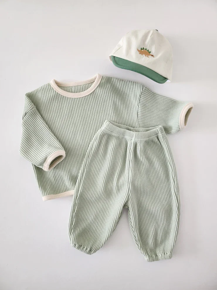 Custom Baby Toddler Lime Waffle Cotton Top and Jogger Pants Long Clothes Set Suit - Image 2