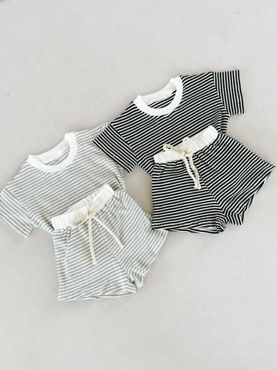 Ready to Ship Summer Children's Waffle Cotton Short Sleeve and Shorts Two-piece Set Kids Casual Suit - Image 2