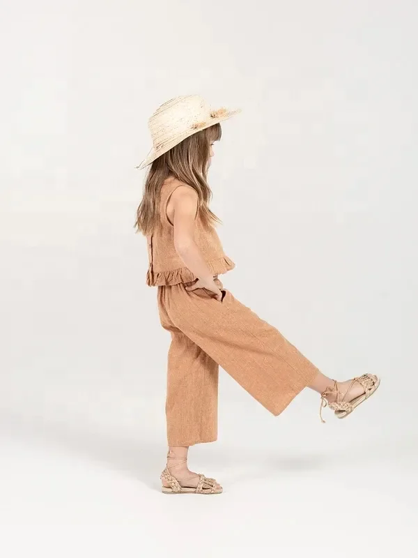 Wholesale Summer Custom Girls Linen Cotton Baby Girl Trousers Pants Wide Leg Blend Material Pants - Image 3