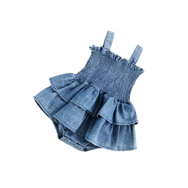 Custom Infant Baby Girl Summer Outfits Ruffle Denim Sleeveless Romper Dress One Piece Jumpsuit Bodysuit - Image 4