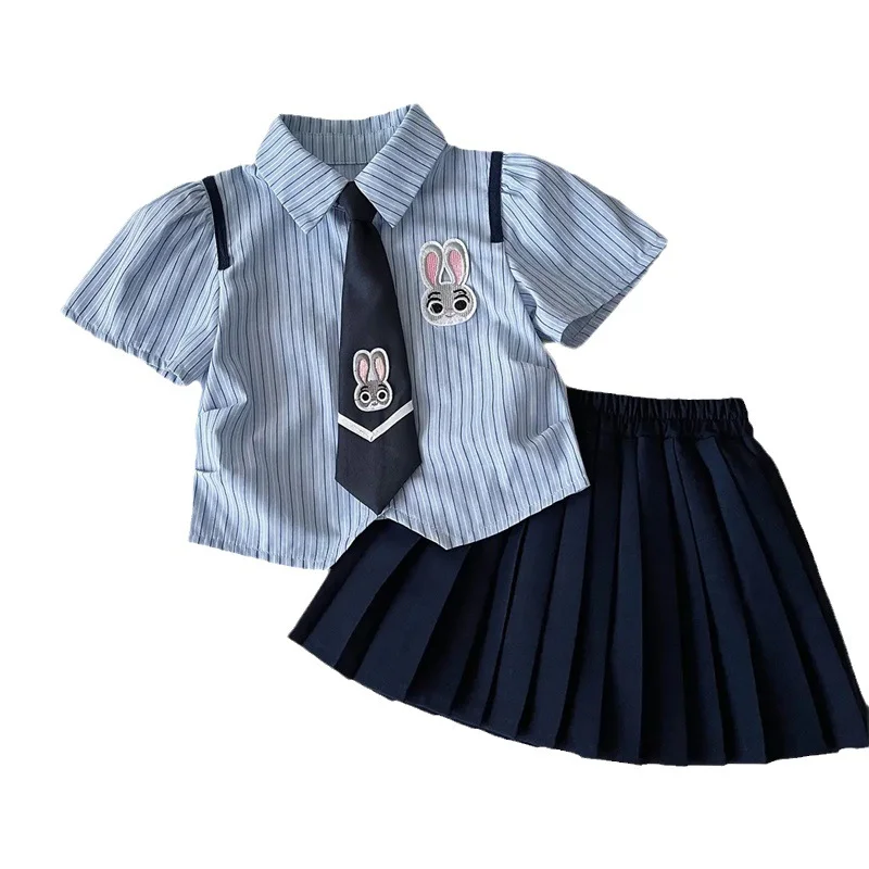 New and Popular Summer Kids Campus Style Set Fashionable and Trendy Pleated Skirt with Striped Shirt for Baby Boys and Girls - Image 2