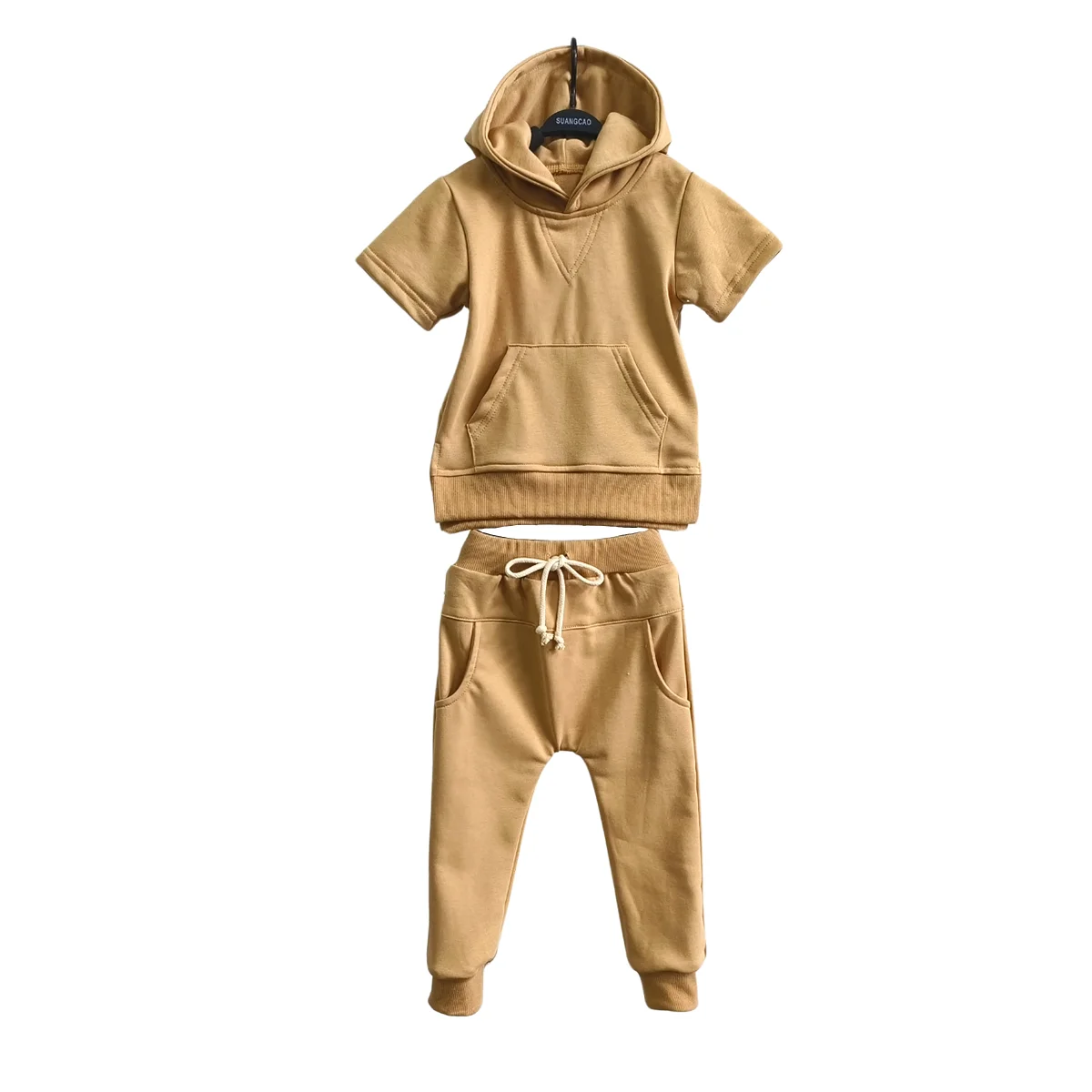 Custom Cotton Kids Hooded Solid Color Short-sleeved Trousers Two-piece Design Pocket Drawstring Trousers Suit - Image 5
