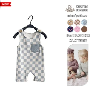 Summer Toddler Custom Pattern Checkboard Soft Overalls Girls Boys Baby Sleeveless Ribbing Cotton One Piece Outfit
