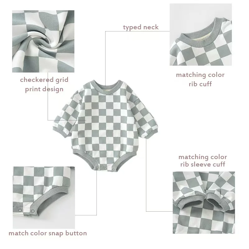 Ready to Ship Baby Long Sleeve Sweatshirt Romper Neutral French Terry Checkerboard Bubble Romper - Image 2