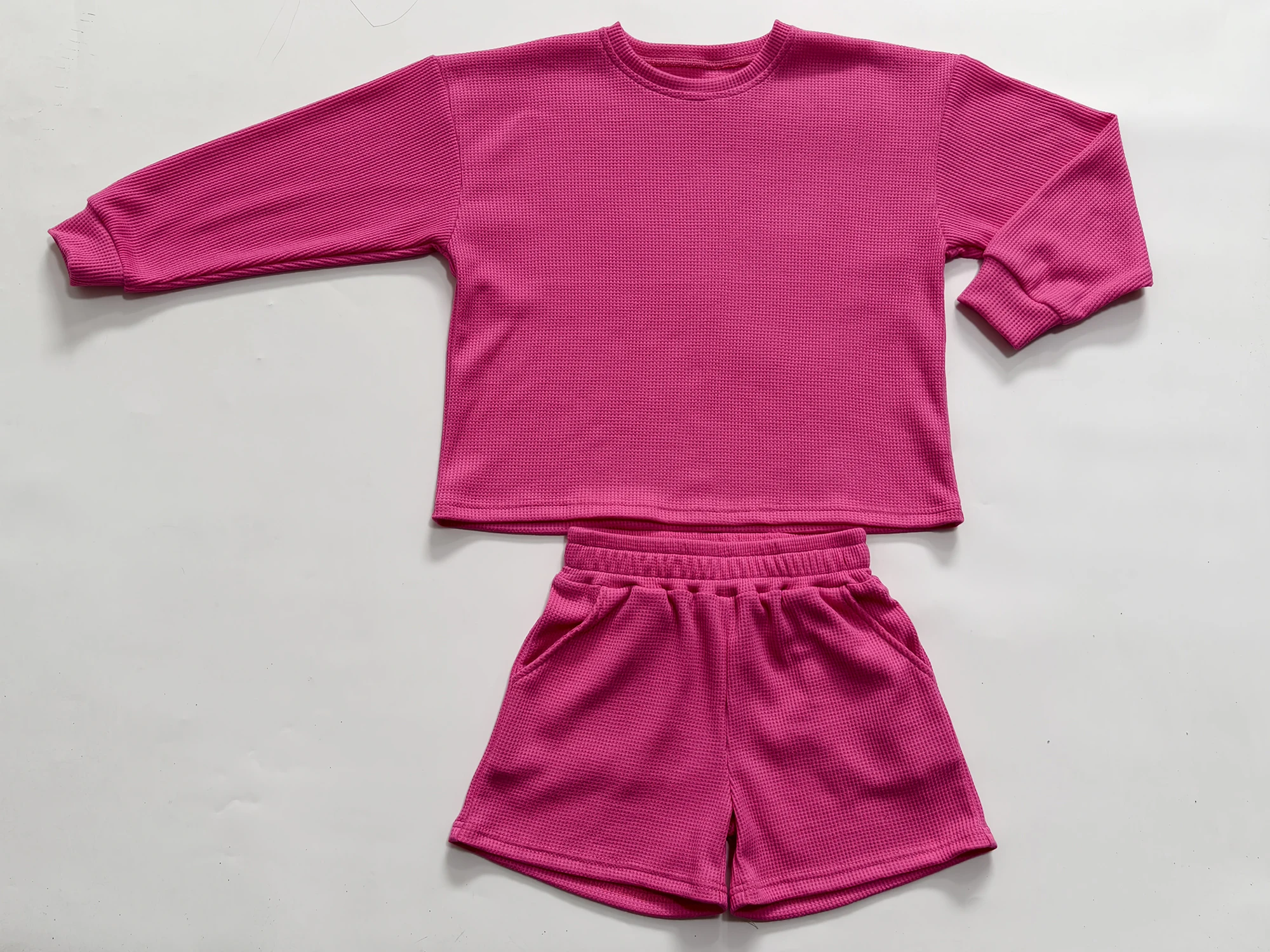 Customizable Trendy Parent-Child Waffle Outfits Soft Close-Fitting Clothing for Family Matching with Shorts Paired - Image 2