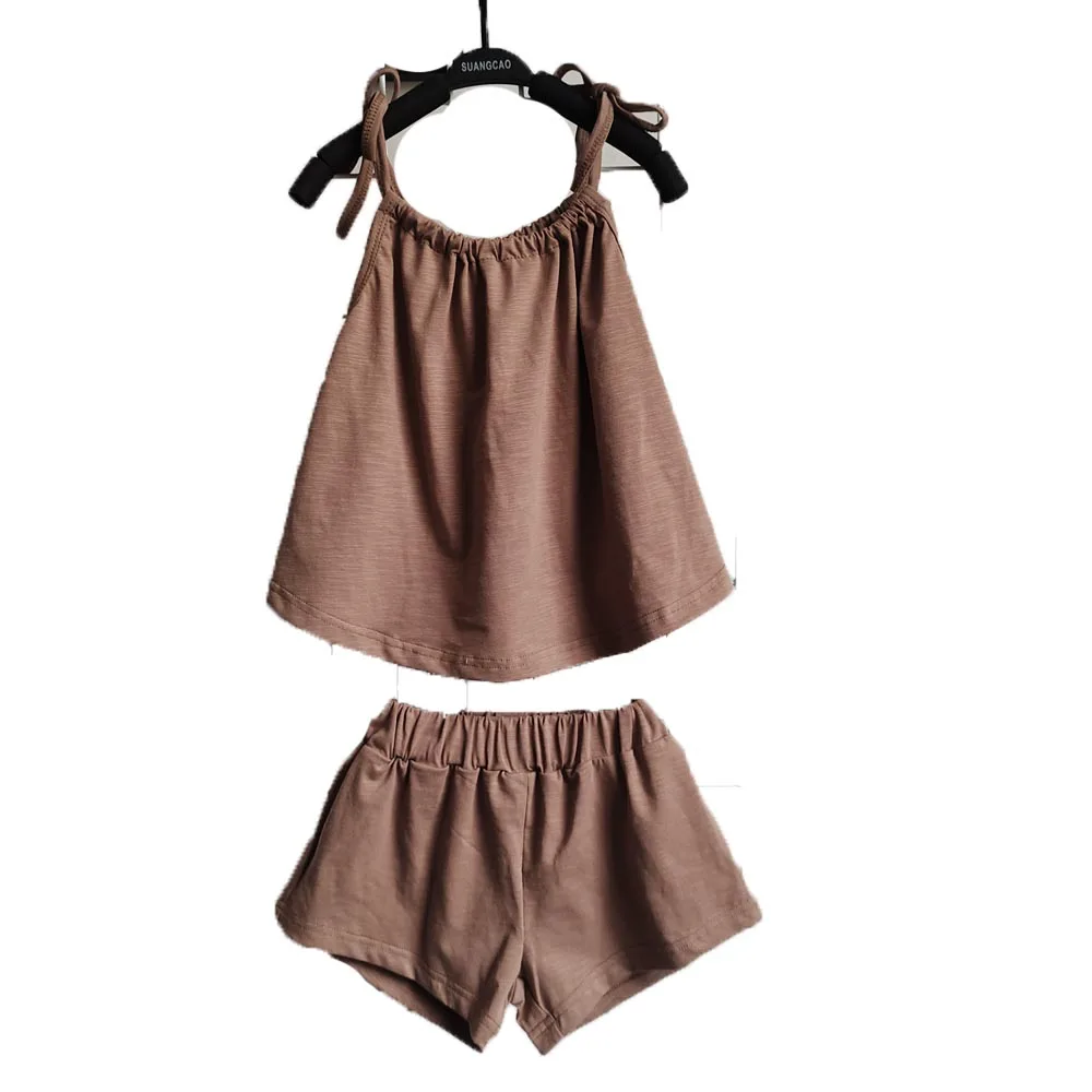 Cotton Short Set Summer Girl Sleeveless Tank Top and Shorts Two Piece Toddler Tie Shoulder Cami Top Set - Image 3