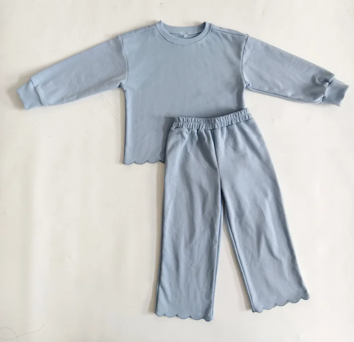 Top Selling Unisex Kids Long Sleeve Solid French Terry Scallop Sweatshirt Casual 2 Pcs Set for Baby Kids - Image 5