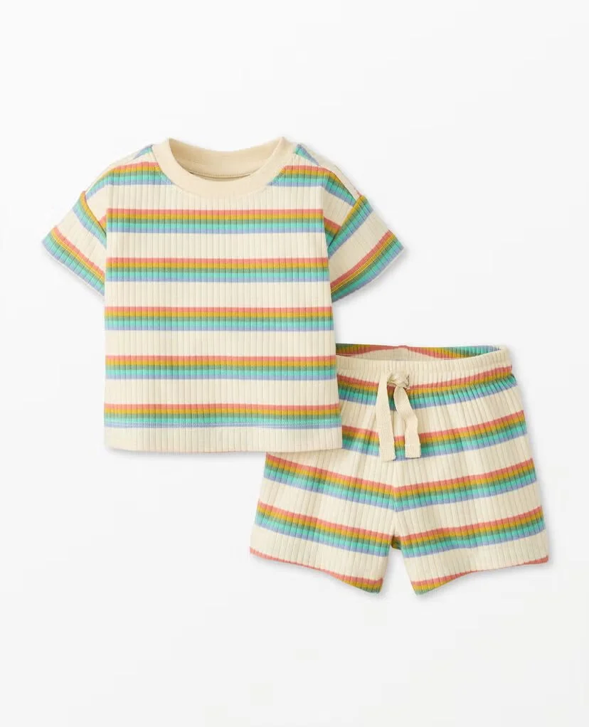 Summer 2-Piece Set Kids Clothes Set Wholesale Toddler 2pcs Outfit Rainbow Striped Rib Knit Set Summer Casual Wear for Baby 0-8T - Image 2