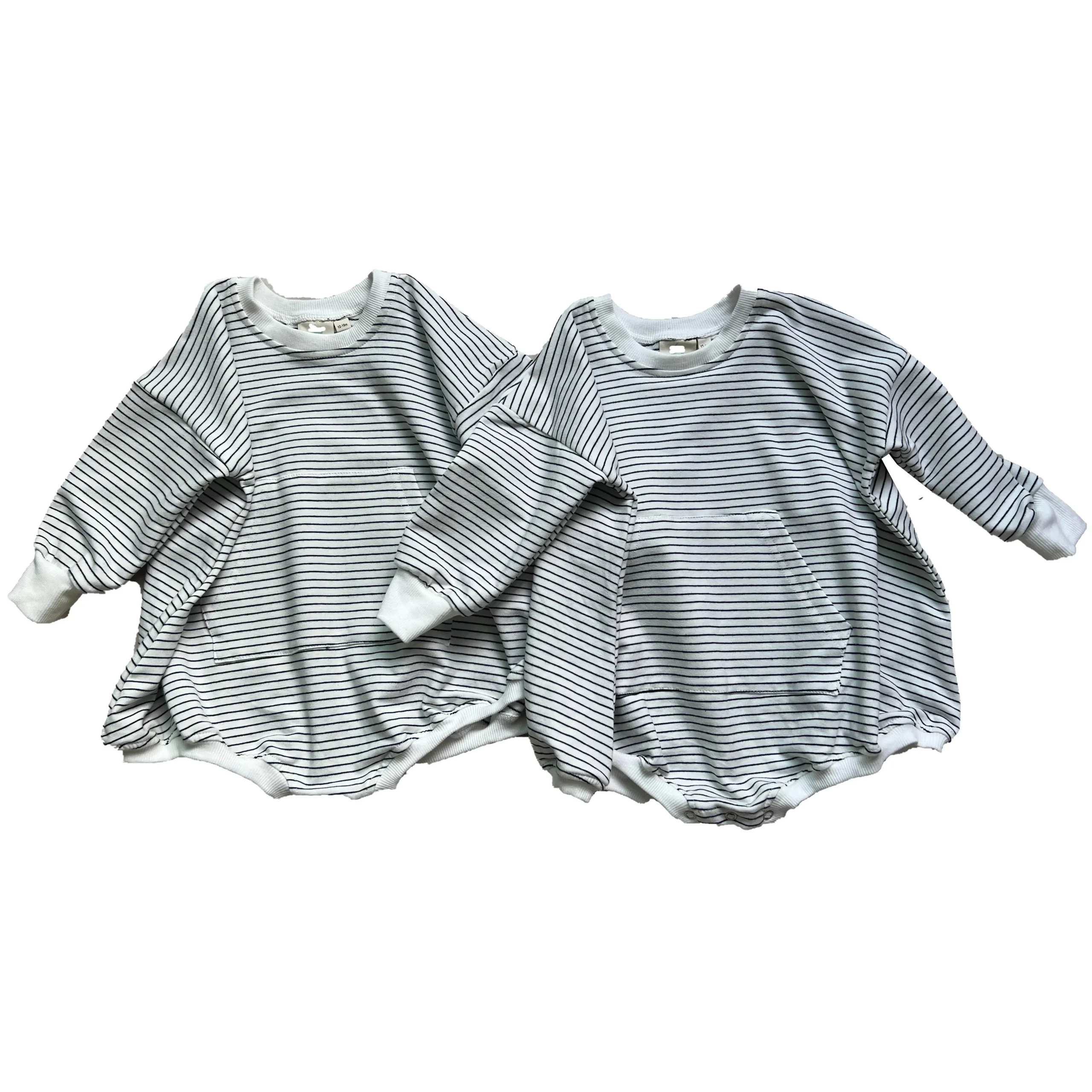 New Design French Terry Long Sleeve Striped Baby Bubble Rompers with Pocket for Autumn - Image 5