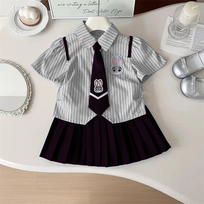 New and Popular Summer Kids Campus Style Set Fashionable and Trendy Pleated Skirt with Striped Shirt for Baby Boys and Girls - Image 4