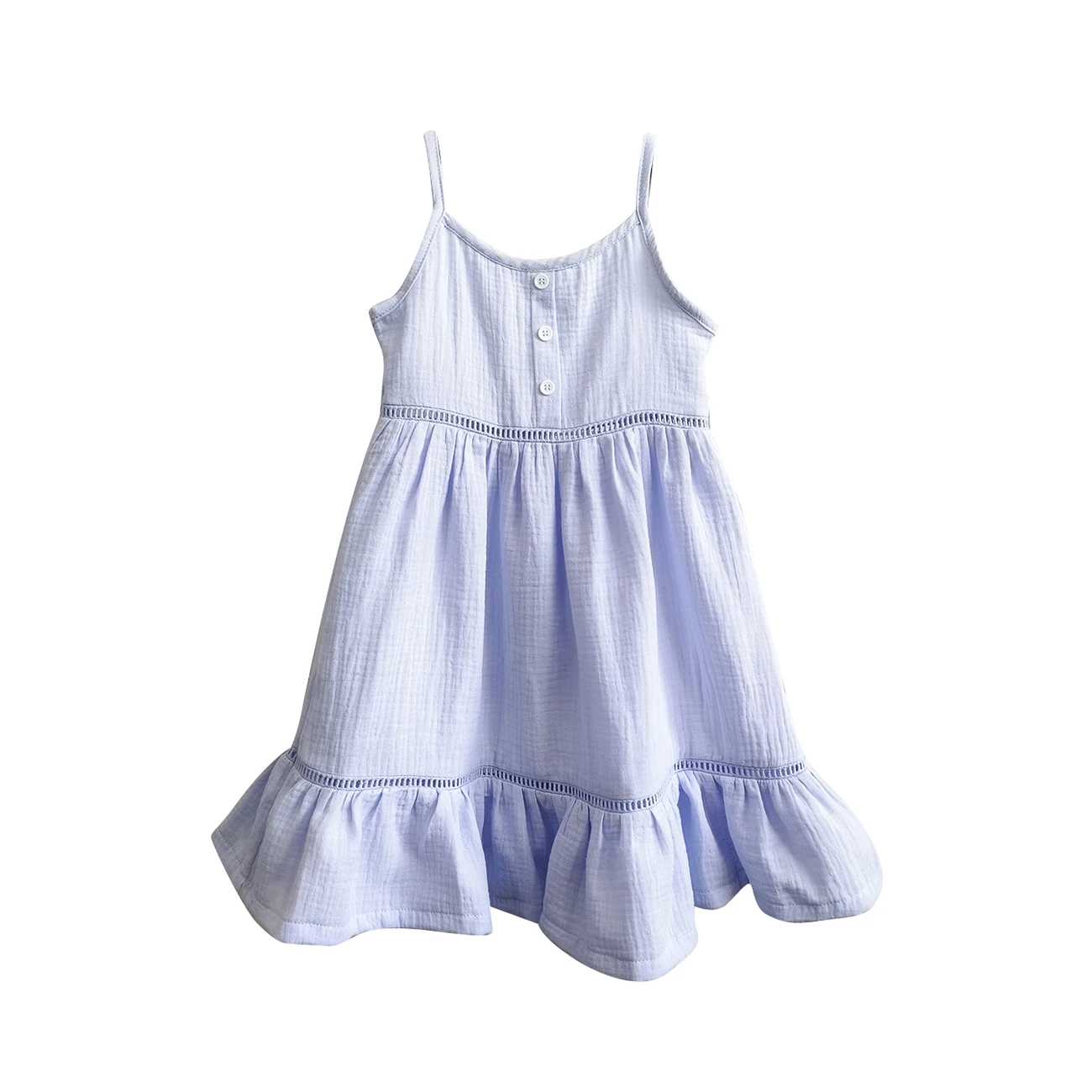 Girls Strap Lace Dress Sleeveless Crinkle Gauze Flared Kids Muslin Cotton Tiered Midi Dress - Image 4