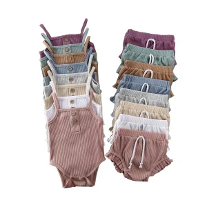 Custom Infant Kids Ribbed Vest with Drawstring Bloomers Summer 2pcs Bodysuit Baby Girl Rib Cotton Singlet Romper Set