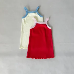 Mini Ribbed Dress Spring and Autumn Baby Girl Color Block Sleeveless Ruffle Hem Dress