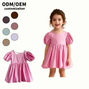 Casual Solid Wholesale Dress Cotton Linen Kids O-Neck with Ruffle Sleeves Summer Baby Clothing Customizable for Girls