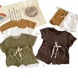 In Stock Summer and Fall Soft Baby Set 2pcs Cotton Short Sleeve with Lace up Shortselastic Clothing Suit