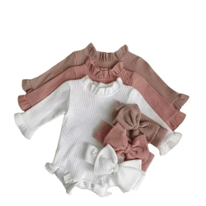 Baby Girl Romper & Bow Set Newborn Infant Ribbed Flared Sleeve Jumpsuit Baby Gift Newborn Cotton Bow and  Romper Outfit