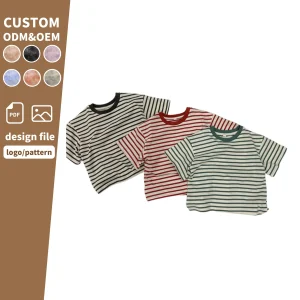 Custom Logo Pattern Stripe Knitted Baby T Shirt Short Sleeve T-shirt for Kids Baby Clothes