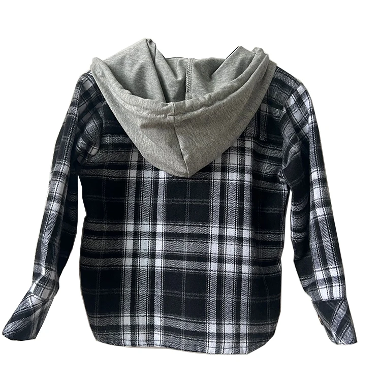 Custom Spring Autumn Toddler Boys Hooded Plaid Pockets Flannel Shirts Fashion Long Sleeve Coat - Image 3