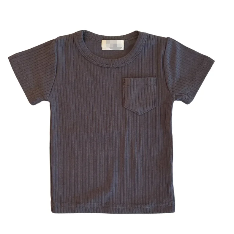 Hot Sale Ribbed Cotton Solid Color Short Sleeve Baby Tshirts with Pocket and Label for Summer - Image 4