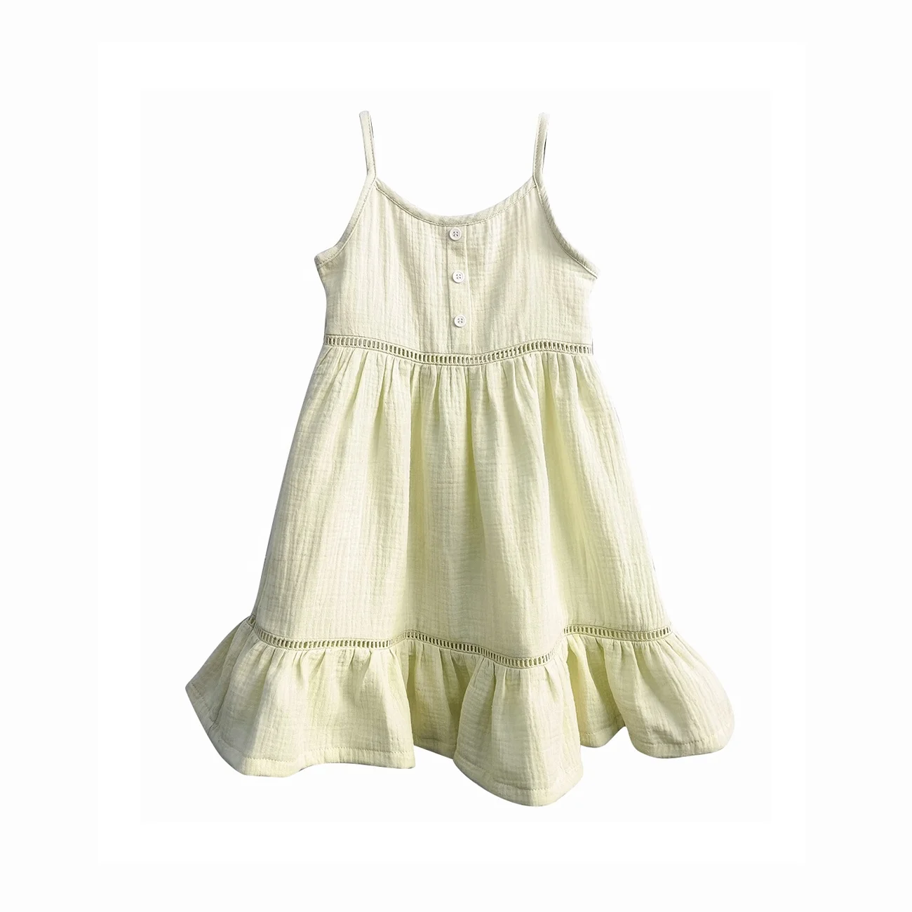 Girls Strap Lace Dress Sleeveless Crinkle Gauze Flared Kids Muslin Cotton Tiered Midi Dress - Image 2