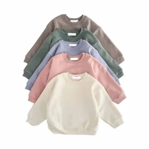Wholesale Neutral Baby Toddler French Terry Solid Crew Neck Pullover Baby Basic Sweatershirt