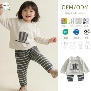 Custom Soft Girl Set High-quality Soft Polyester Children's Set 0-neck T-shirt and Striped Sports Pants Baby Two-piece Clothing