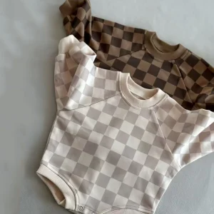 Custom Baby Unisex Long Sleeve Oversized Crewneck Sweatshirt Romper Boys Girls French Terry Checkerboard Bubble Romper