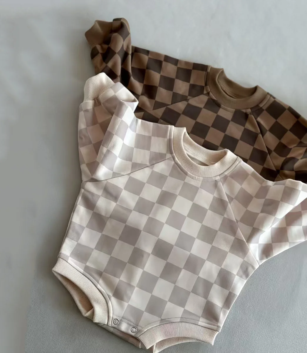 Custom Baby Unisex Long Sleeve Oversized Crewneck Sweatshirt Romper Boys Girls French Terry Checkerboard Bubble Romper