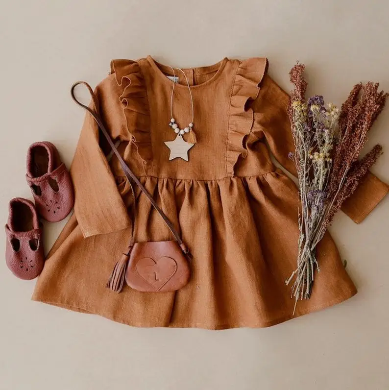 Australian Style Fashion Linen Baby Dress Girls Clothing with Flutter Long Sleeve for Autumn Solid Pattern Mixed Type Children - Image 3