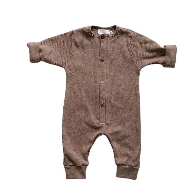 Wholesale Autumn Unisex Kids Baby Rib Cotton Long Sleeve Jumpsuit Baby Girl Boys Henley Solid Baby Romper