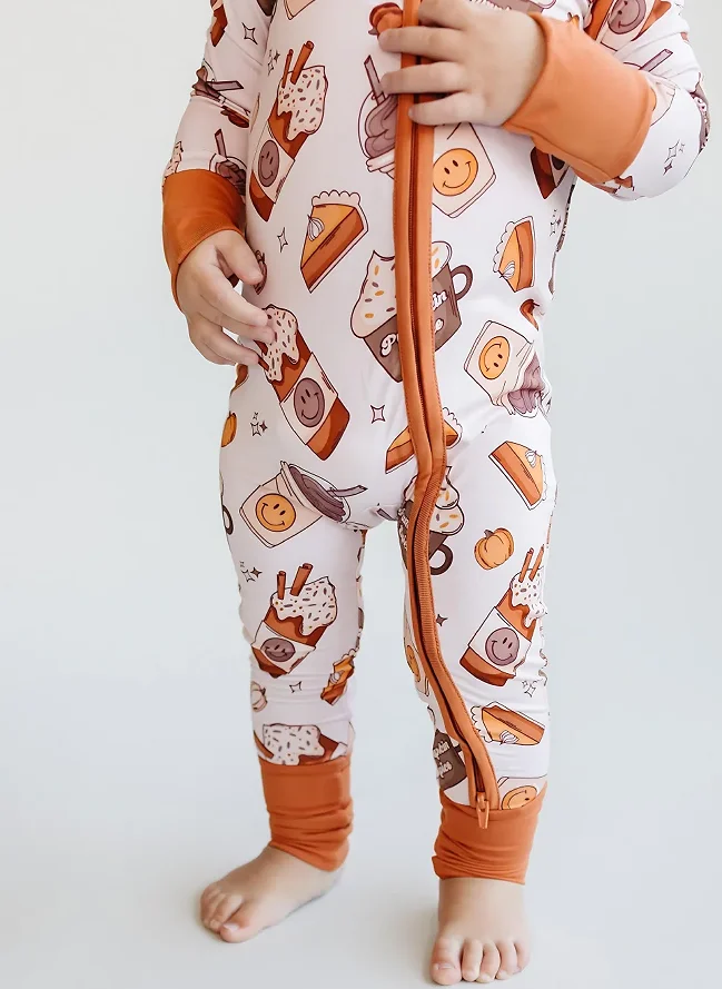 Custom Bamboo Baby Soft Pajamas Pumpkin Spice Toddler Foldable Cuff Jumpsuit 2-way Zipper Baby Rompers - Image 2