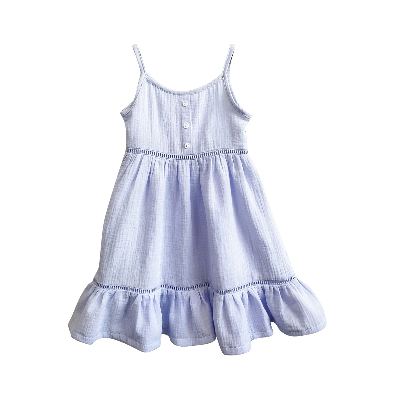 Girls Strap Lace Dress Sleeveless Crinkle Gauze Flared Kids Muslin Cotton Tiered Midi Dress - Image 6
