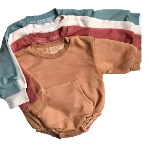 Spring and Autumn Unisex Baby Solid Jumpsuit Newborn Long Sleeve Pocket Romper Baby Sweater Wholesale