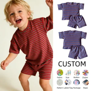 OEM Kids Clothes Set Toddler Baby Summer Clothes  2 Piece Lounge Matching Short Sleeve Terry Stripe Tops+Short