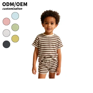OEM Kids Clothes Set Customized Girls 2 Piece Outfits Summer Boys Striped Batwing Sleeve Top and Short Sets
