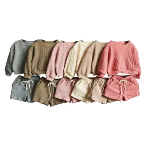 New Arrival Waffle Cotton Solid Color Long Sleeve Shorts Fallow Baby Clothing Sets for Autumn
