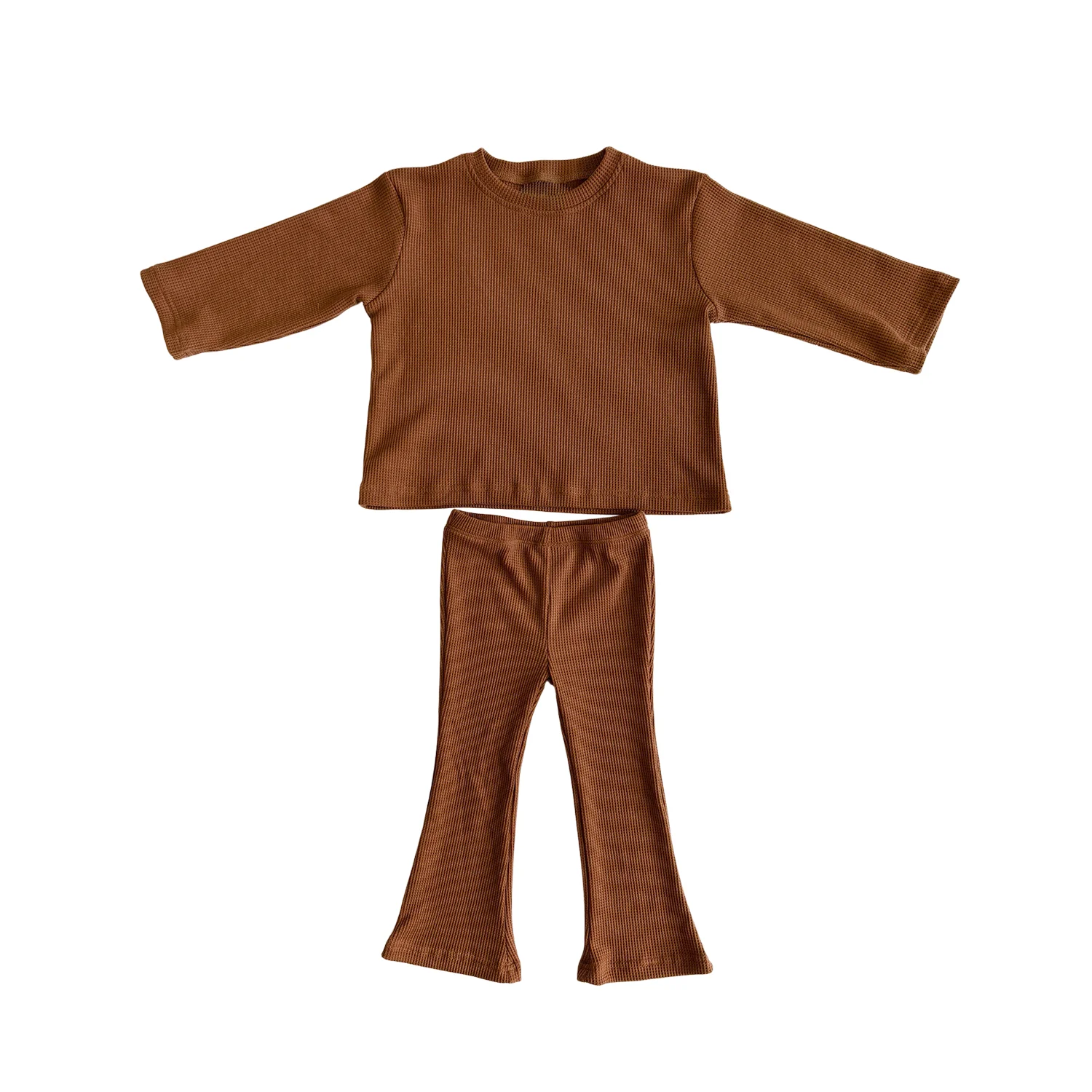 Custom Kids Clothes Set Toddler Girl Fall Outfit Baby Long Sleeve Top and Flared Pant 2-Piece Waffle Clothing Set - Image 4