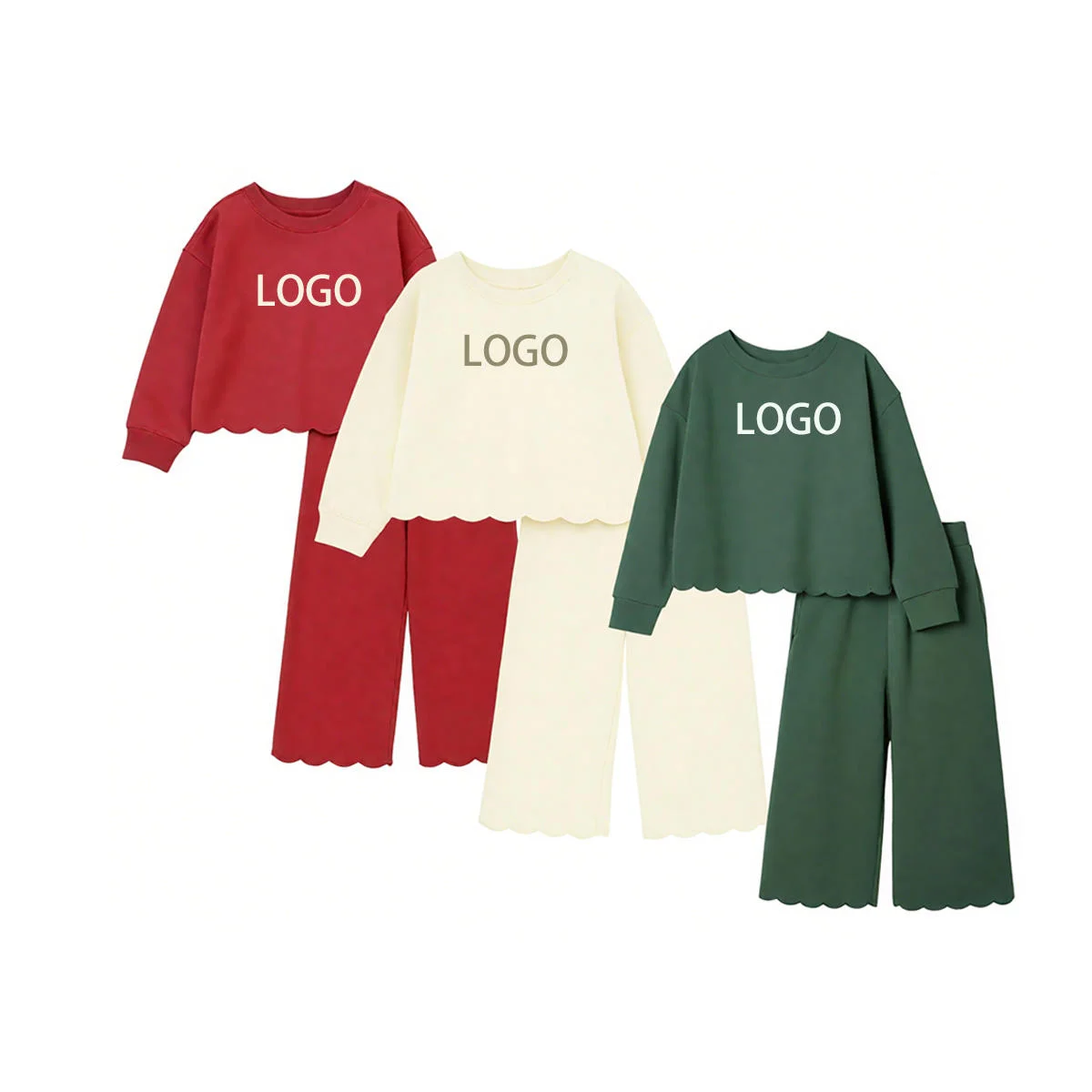 Top Selling Unisex Kids Long Sleeve Solid French Terry Scallop Sweatshirt Casual 2 Pcs Set for Baby Kids