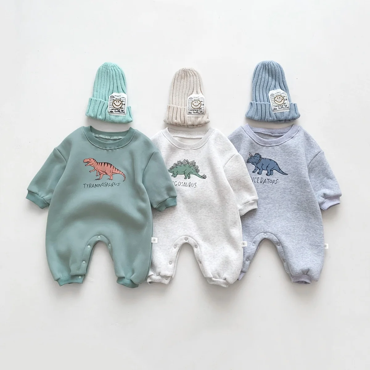 RTS in Stock Cute Baby Dinosaur Print Winter Fleece Warm Romper Jumpsuit - Image 2