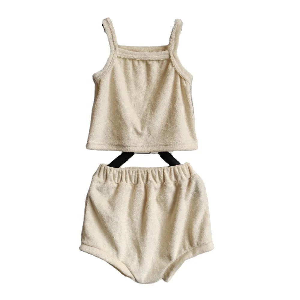 Factory Custom Summer Baby Kids Terry Towel Clothes Set Sleeveless Top with Shorts tank Suit - Image 3