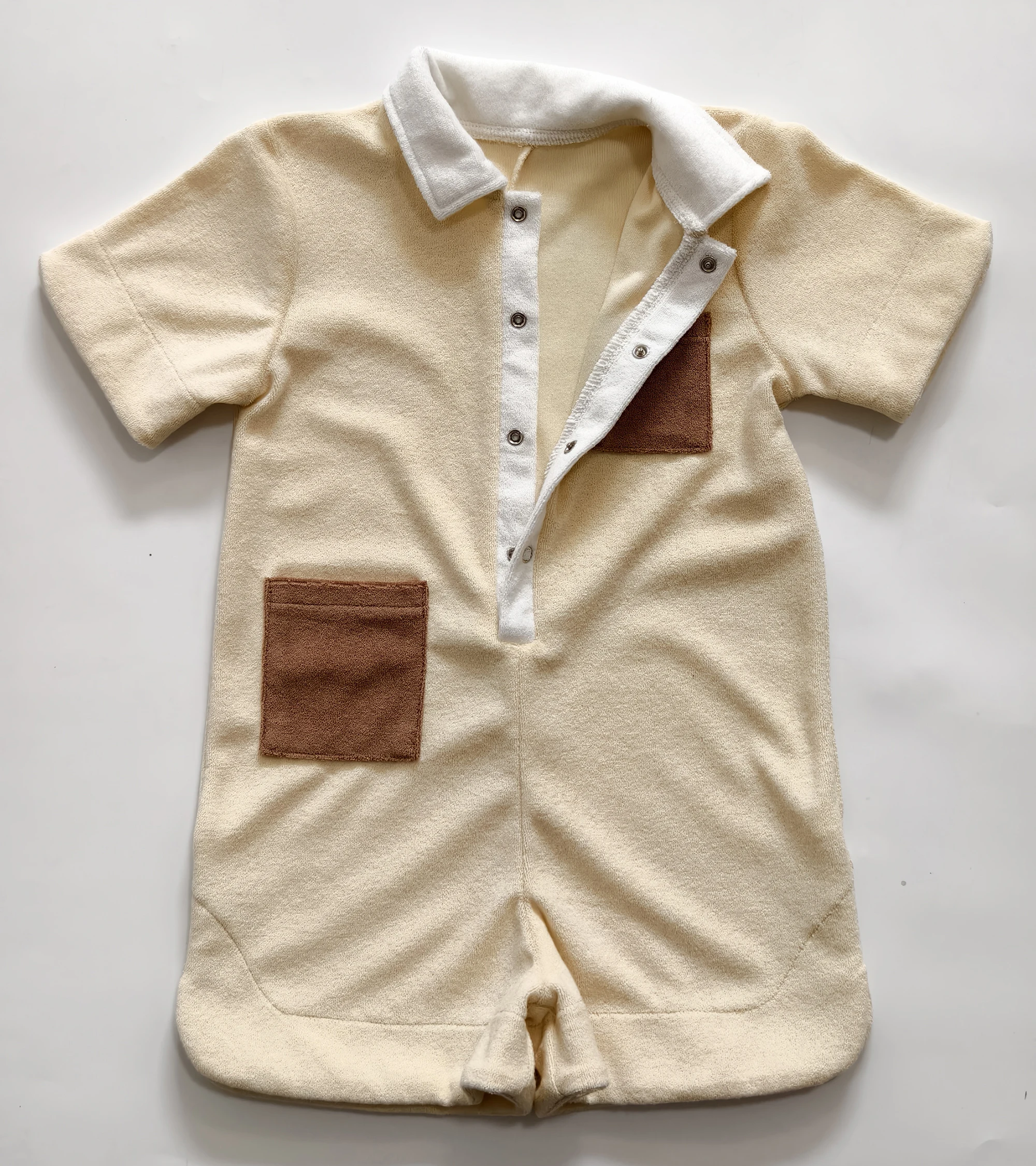 Boutique Custom Toddler Terry Cloth Romper Pocket Color Block Jumpsuit Summer Lovely Popular Toddler Clothing - Image 6