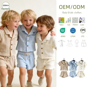 Summer Baby Sets Clothing Organic Crepe Gauze Boys Set Short Sleeve Shirt & Drawstring Shorts Summer Outfit 0-10 Years Old