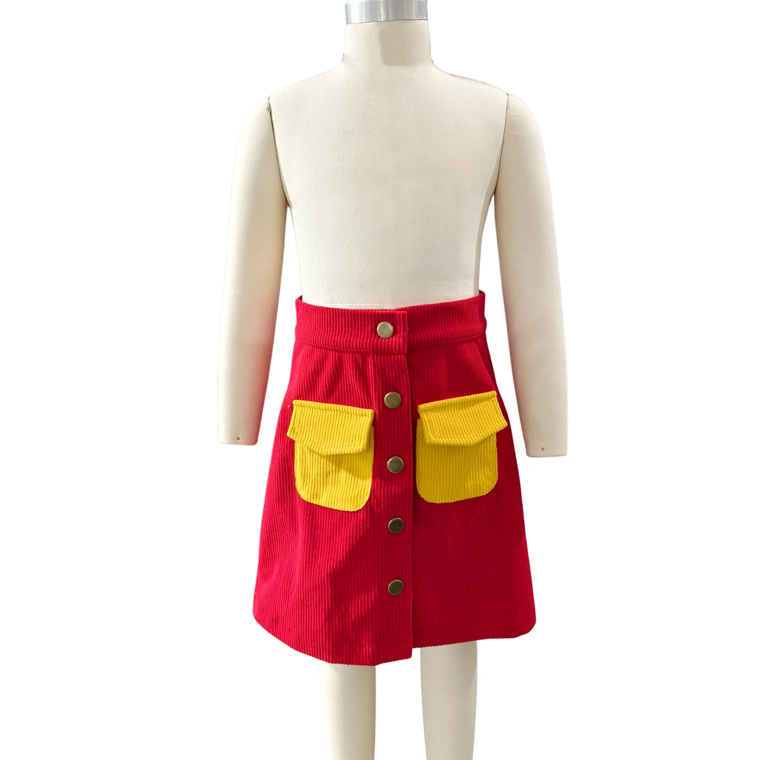 OEM Baby Clothing Girl Corduroy Skirts Kids Fall Winter Button Mini Skirt with Pockets - Image 3