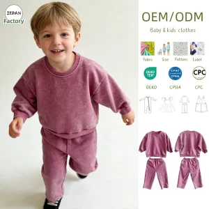 Custom Children's Hoodie Set Kids' Washed Purple Tracksuit Oversized Crew Neck Sweatshirt and Jogger Pants 2 Piece Casual Set