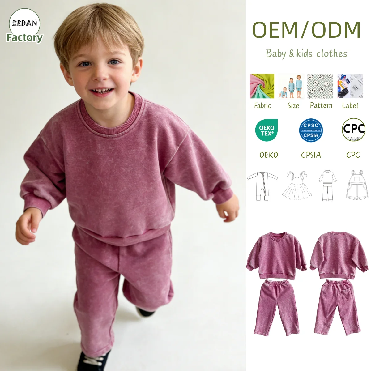 Custom Children's Hoodie Set Kids' Washed Purple Tracksuit Oversized Crew Neck Sweatshirt and Jogger Pants 2 Piece Casual Set