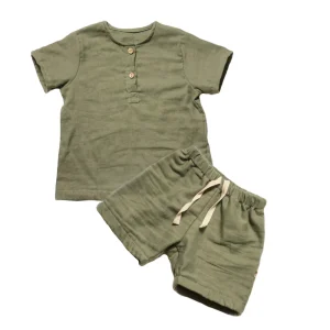 Hot Sell Toddler Kids Shell Button Top with Track Shorts 2024 Baby Boys Summer Cotton Linen Short Set